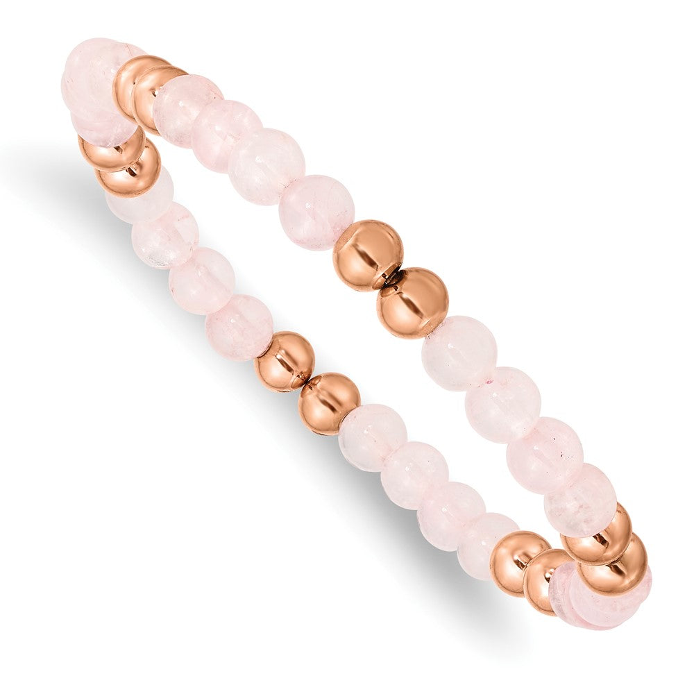 Chisel Stainless Steel Polished Rose IP-plated 6mm Pink Quartz Beaded Stretch Bracelet SRB2738