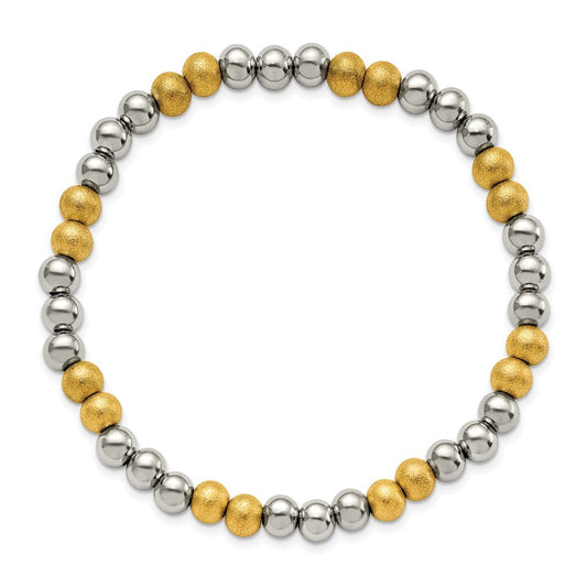 Chisel Stainless Steel Polished Yellow IP-plated Sandblasted 6mm Beaded Stretch Bracelet SRB2742
