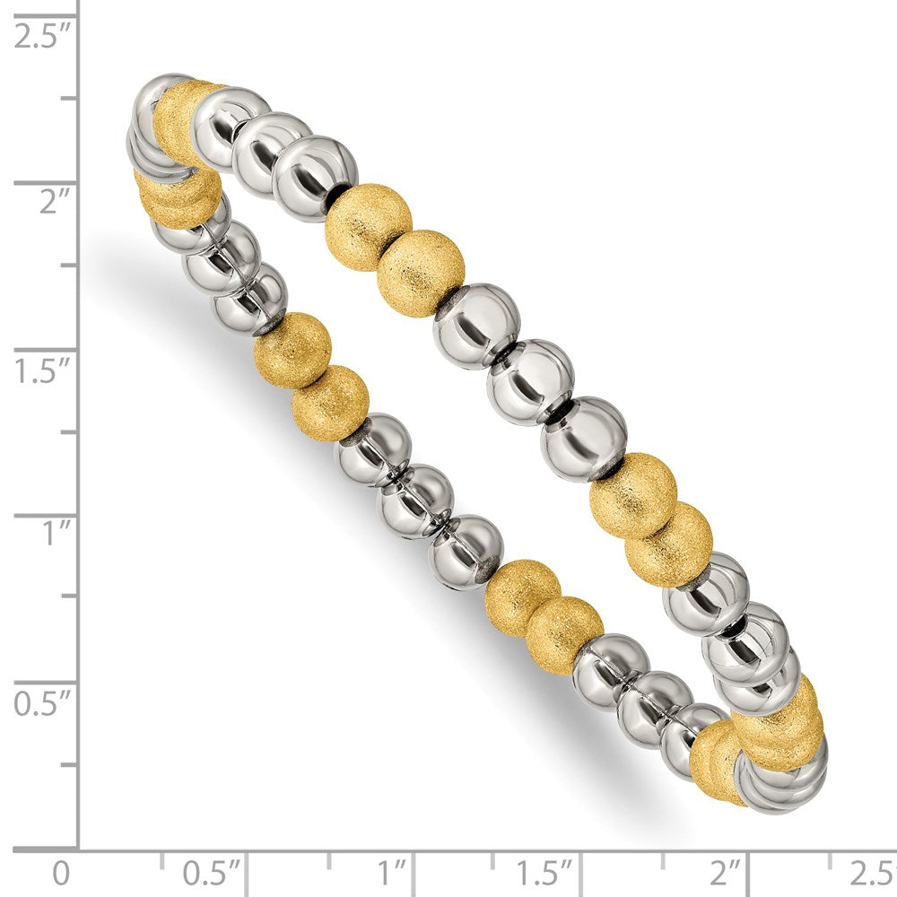 Chisel Stainless Steel Polished Yellow IP-plated Sandblasted 6mm Beaded Stretch Bracelet SRB2742