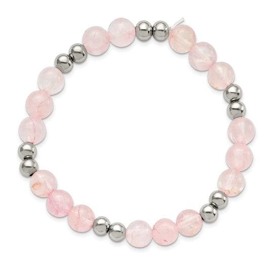 Chisel Stainless Steel Polished 6-8mm Pink Quartz Beaded Stretch Bracelet SRB2746