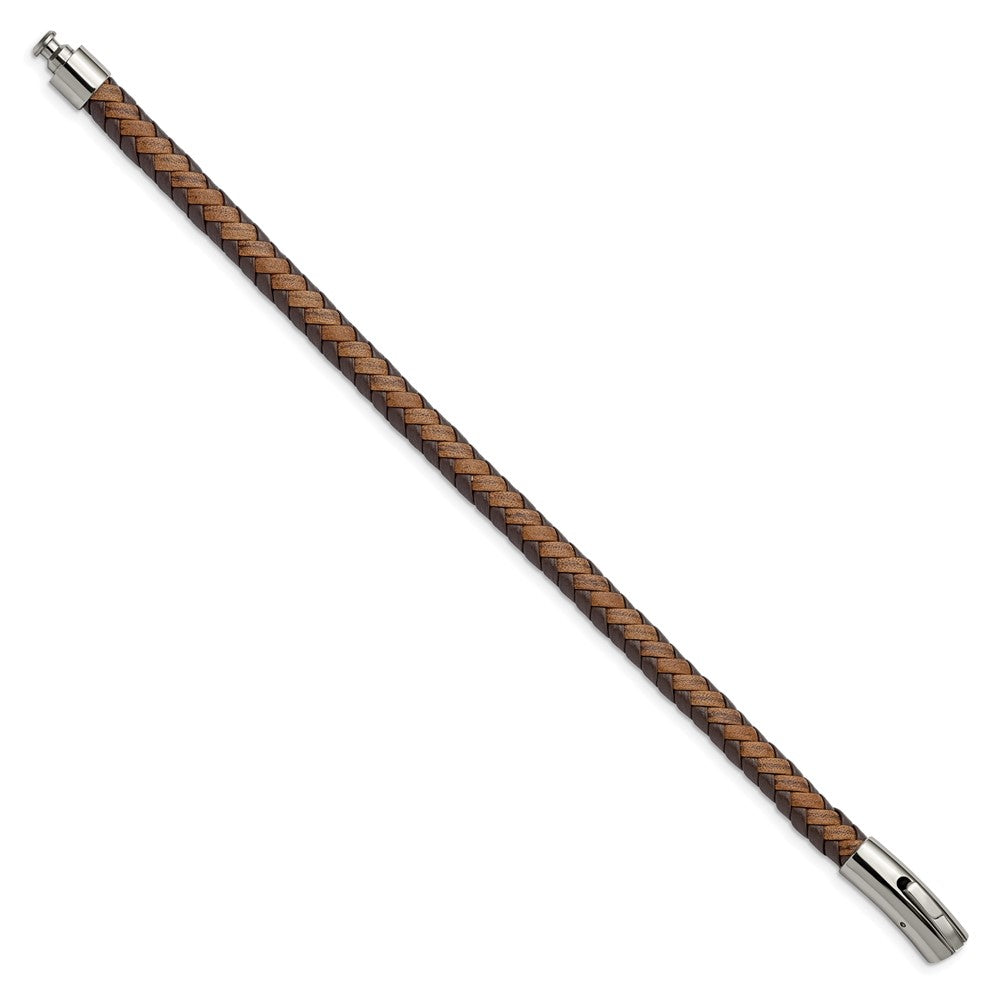 Chisel Stainless Steel Polished Brown Braided Leather 8.25 inch Bracelet SRB2762-8.25