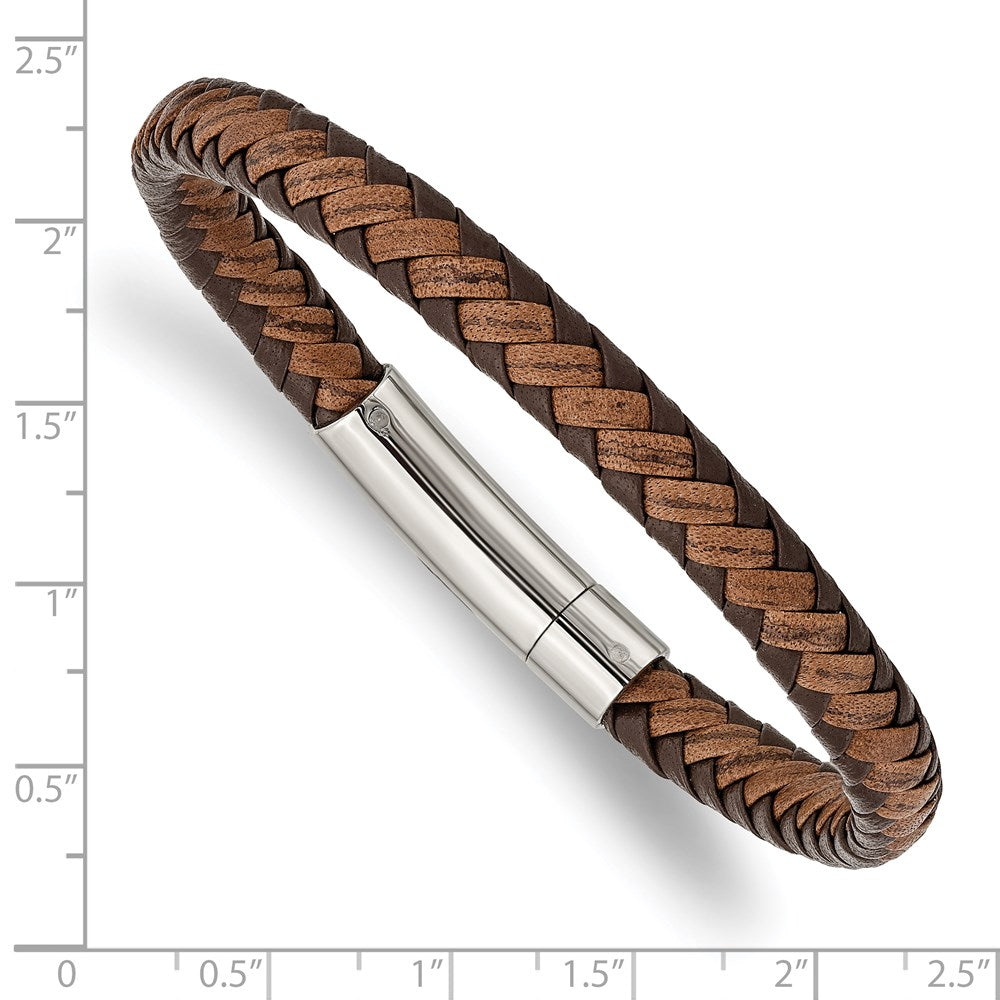 Chisel Stainless Steel Polished Brown Braided Leather 8.25 inch Bracelet SRB2762-8.25