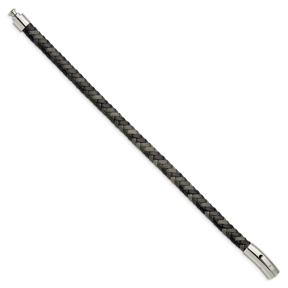 Chisel Stainless Steel Polished Black and Grey Braided Leather 8.25 inch Bracelet SRB2763-8.25