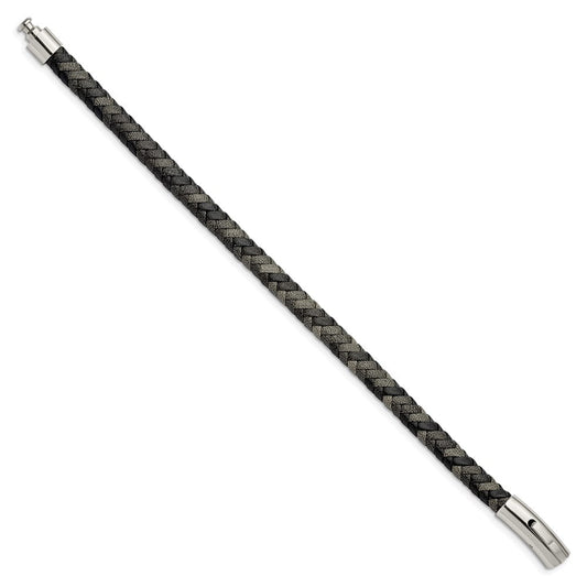 Chisel Stainless Steel Polished Black and Grey Braided Leather 8.25 inch Bracelet SRB2763-8.25