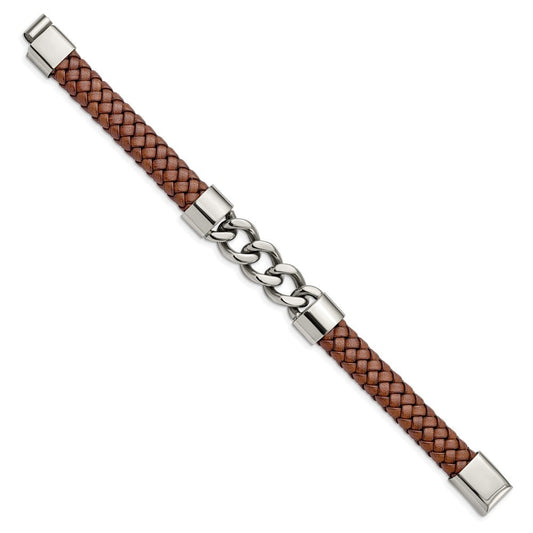 Chisel Stainless Steel Polished Chain and Braided Brown Leather 8.25 inch Bracelet SRB2764-8.25