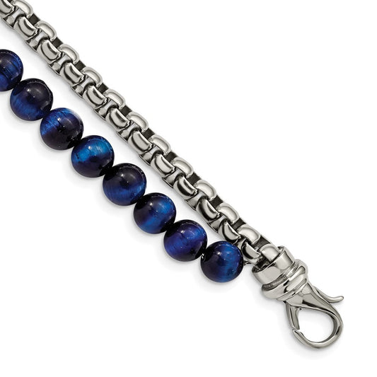 Chisel Stainless Steel Polished Box Chain and Blue Tiger's Eye Beads 2 Strand 8.5 inch Bracelet SRB2771-8.5