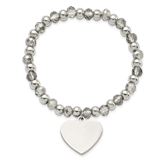 Chisel Stainless Steel Polished Heart Dangle 6mm Grey Glass Beaded Stretch Bracelet SRB2801