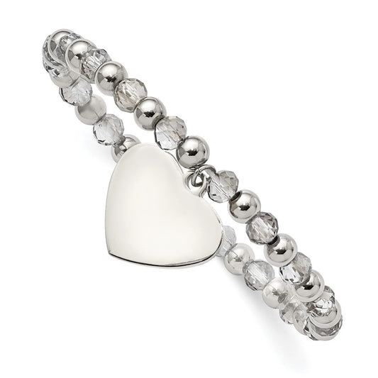 Chisel Stainless Steel Polished Heart Dangle 6mm Grey Glass Beaded Stretch Bracelet SRB2801