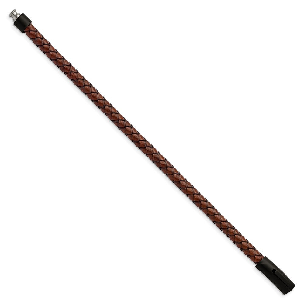 Chisel Stainless Steel Brushed Black IP-plated Brown Braided Leather 8.25 inch Bracelet SRB2816-8.25