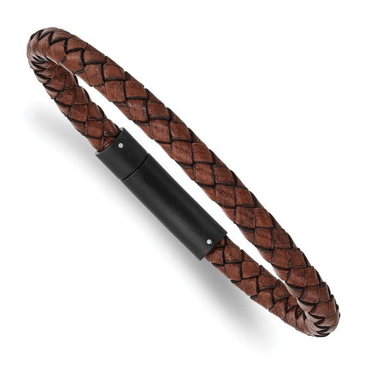 Chisel Stainless Steel Brushed Black IP-plated Brown Braided Leather 8.25 inch Bracelet SRB2816-8.25