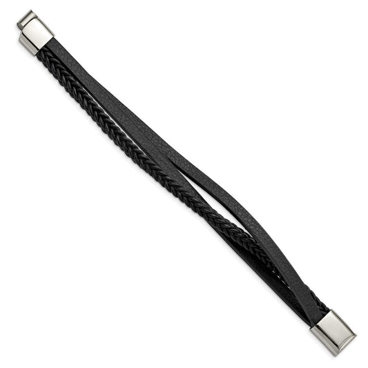 Chisel Stainless Steel Polished Multi Strand Black Leather 8.25 inch Bracelet SRB2828-8.25