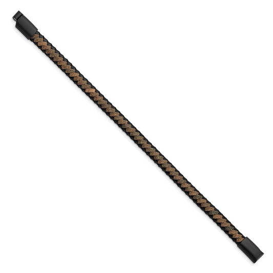 Chisel Stainless Steel Brushed Black IP-plated Black and Brown Braided Leather 8.25 inch Bracelet SRB2830-8.25