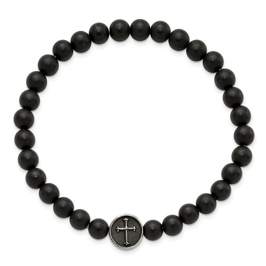 Chisel Stainless Steel Antiqued and Polished Cross 7mm Black Agate Beaded Stretch Bracelet SRB2857
