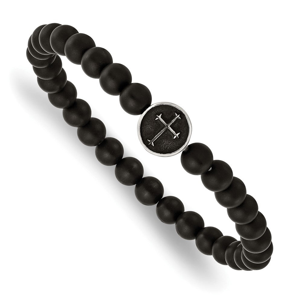 Chisel Stainless Steel Antiqued and Polished Cross 7mm Black Agate Beaded Stretch Bracelet SRB2857