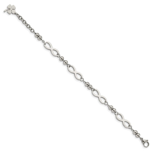 Chisel Stainless Steel Polished Infinity Symbol Link with 4 Leaf Clover Charm 6.5 inch Bracelet with 1 inch Extension SRB2879-6.5