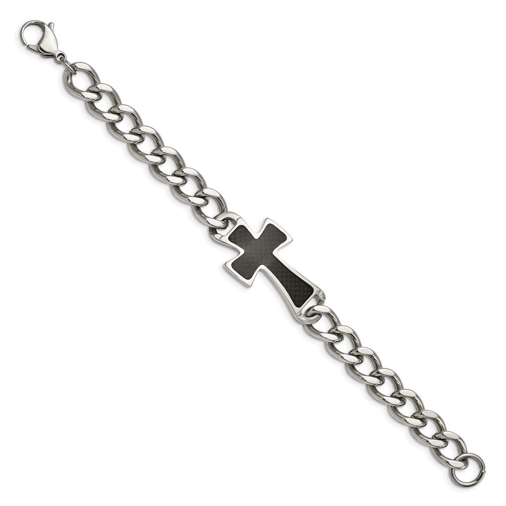 Chisel Stainless Steel Polished with Black Carbon Fiber Inlay Cross 8.5 inch Bracelet SRB289-8.5