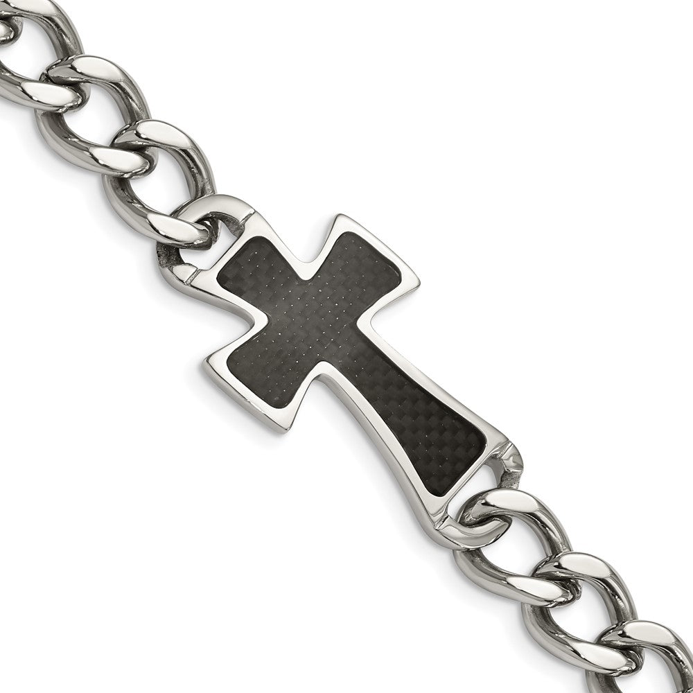 Chisel Stainless Steel Polished with Black Carbon Fiber Inlay Cross 8.5 inch Bracelet SRB289-8.5