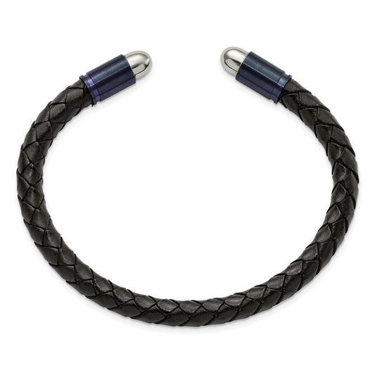 Chisel Stainless Steel Brushed and Polished Dark Grey IP-plated Black Leather Flexible Cuff Bangle SRB2922