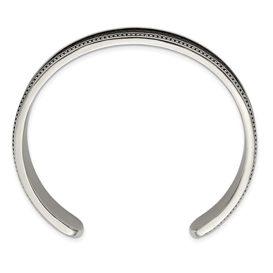 Chisel Stainless Steel Antiqued and Polished with Textured Leather Inlay 12mm Cuff Bangle SRB2933