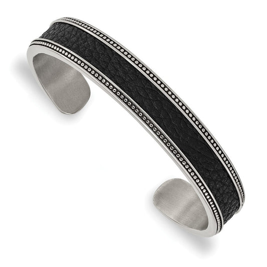 Chisel Stainless Steel Antiqued and Polished with Textured Leather Inlay 12mm Cuff Bangle SRB2933