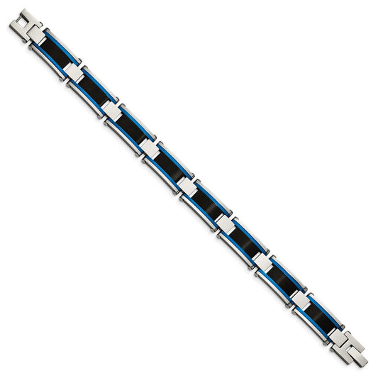 Chisel Stainless Steel Brushed and Polished Black and Blue IP-plated 8.75 inch Link Bracelet SRB2960-8.75