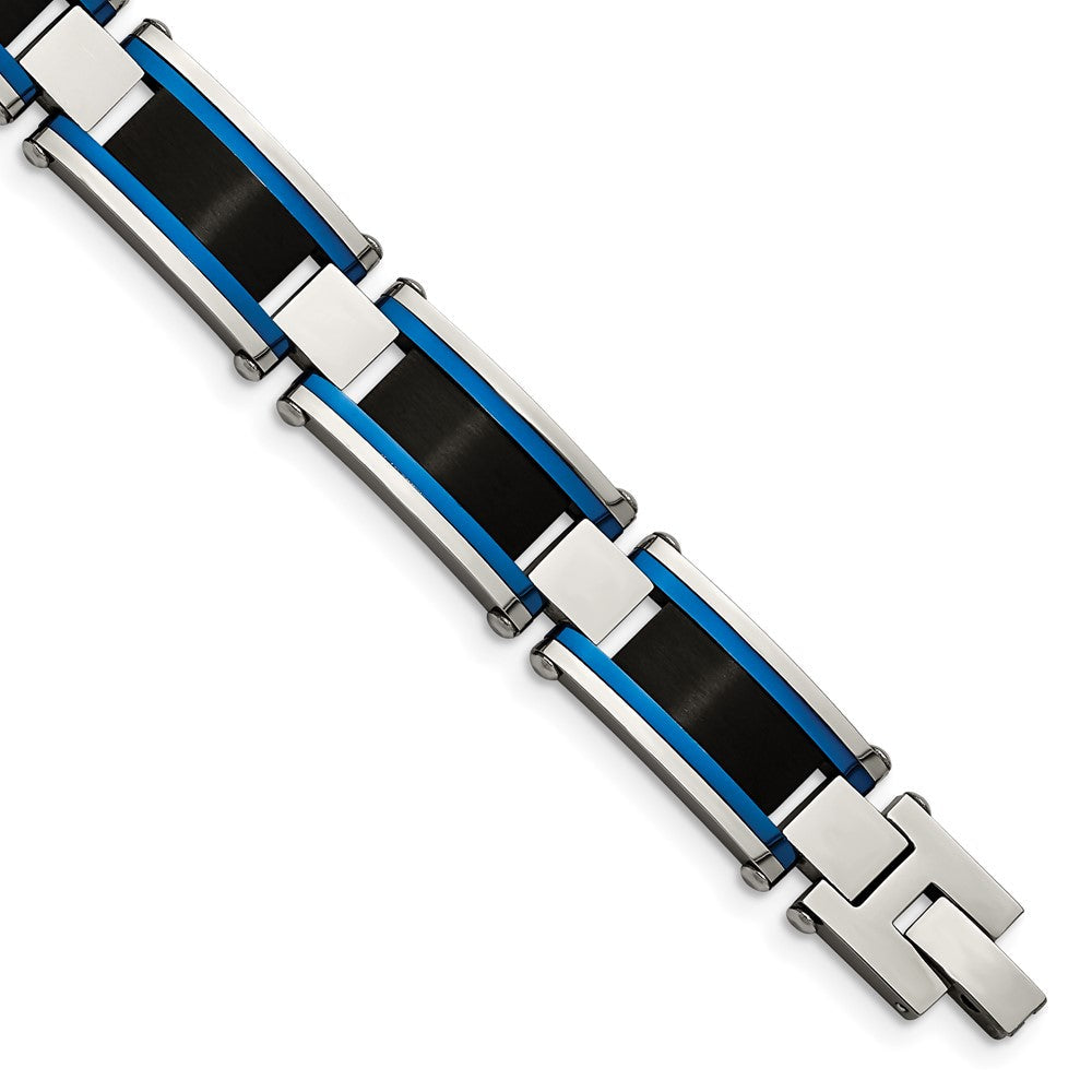 Chisel Stainless Steel Brushed and Polished Black and Blue IP-plated 8.75 inch Link Bracelet SRB2960-8.75