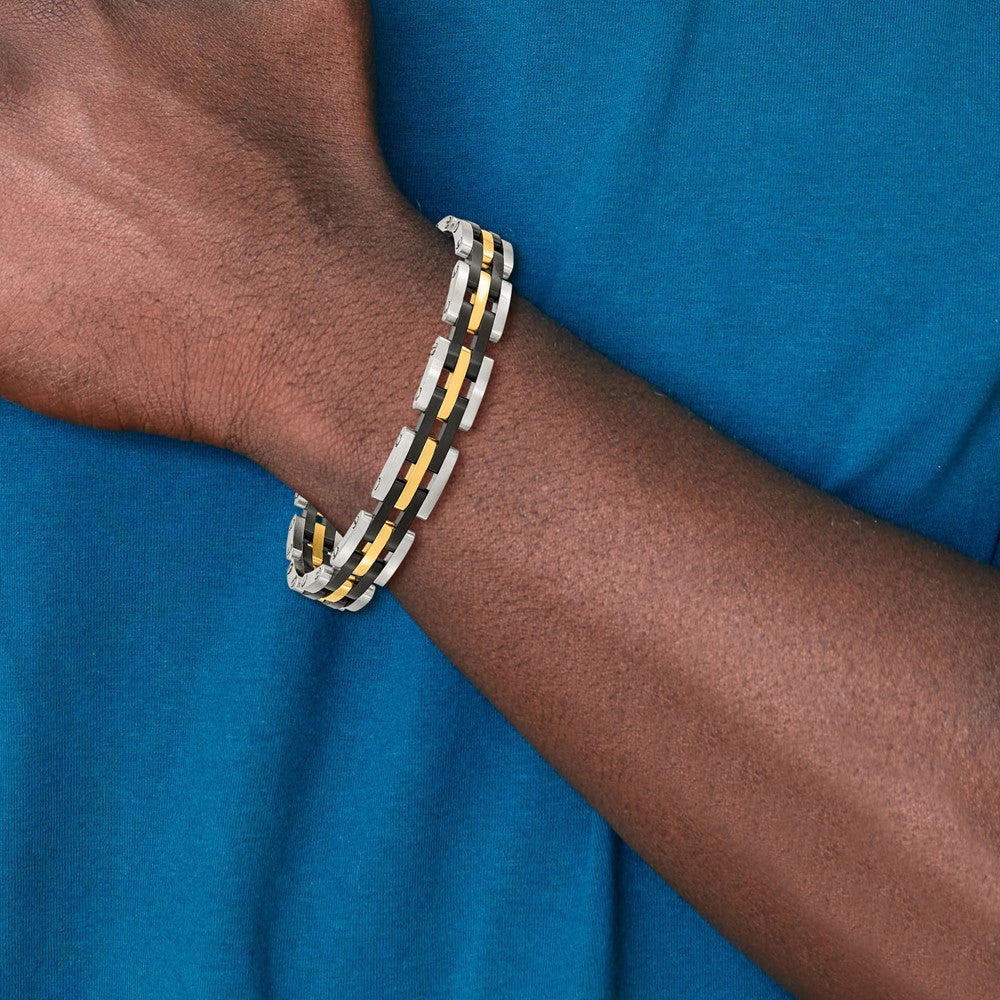 Chisel Stainless Steel Brushed and Polished Black and Yellow IP-plated 8.25 inch Link Bracelet SRB2961-8.25