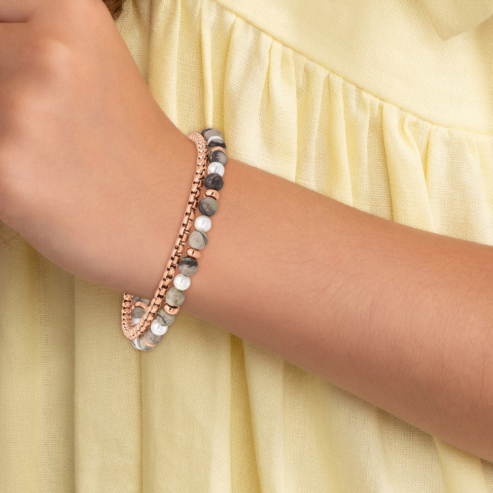 Chisel Stainless Steel Polished Rose IP-plated Box Chain and Picasso Jasper Beads 6.5 inch Bracelet with 1 inch Extension SRB2971-6.5