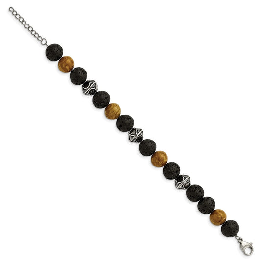 Chisel Stainless Steel Antiqued and Polished 9.5-10mm Lava and Red Wood Stone Beads 7.25 inch Bracelet with 1 inch Extension SRB2972-7.25