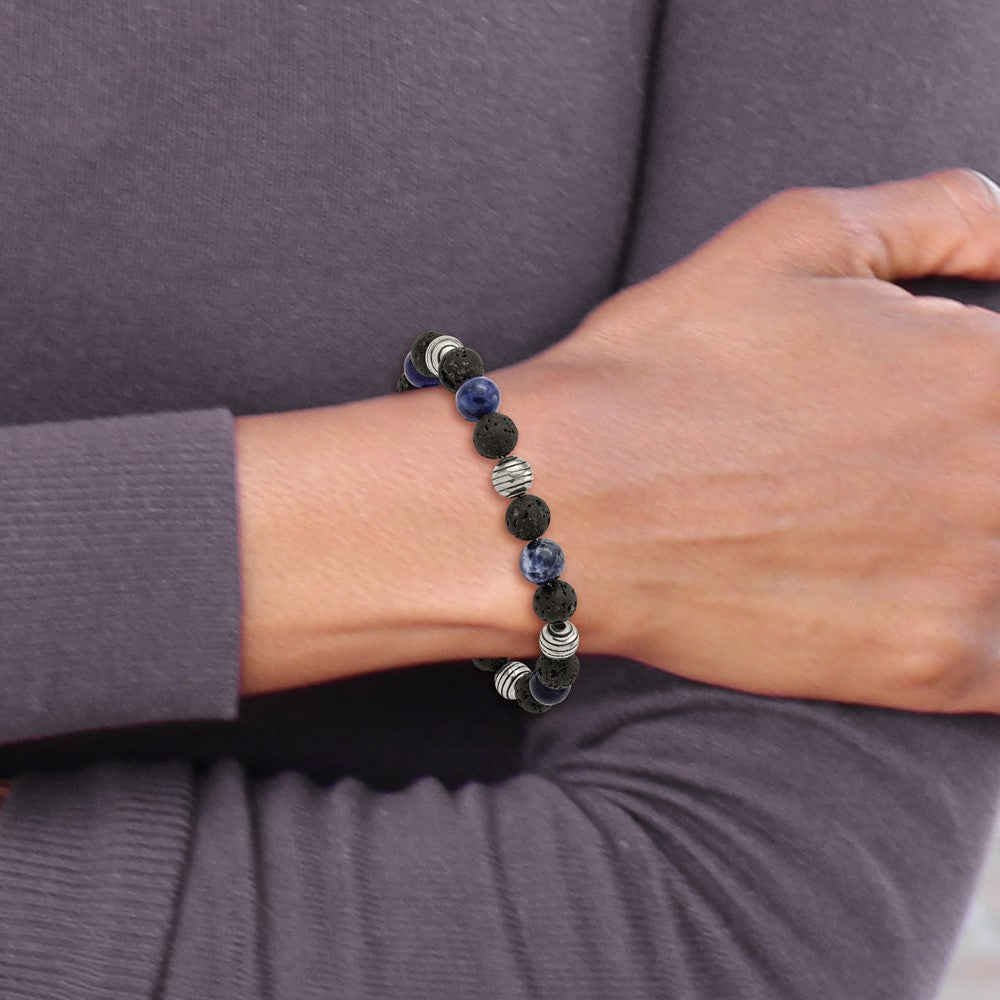 Chisel Stainless Steel Antiqued and Polished with Lava Stone and Sodalite Beads 7.5 inch Bracelet with 1 inch Extension SRB2974-7.5