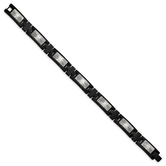 Chisel Stainless Steel Polished and Textured Starburst Design Black IP-plated 8.5 inch Link Bracelet SRB2987-8.5