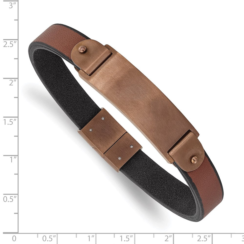 Chisel Stainless Steel Brushed Brown IP-plated Brown Leather 8.5 inch ID Bracelet SRB2989-8.5