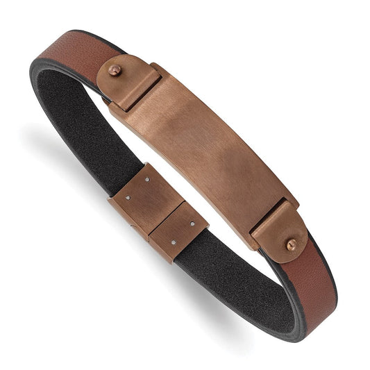 Chisel Stainless Steel Brushed Brown IP-plated Brown Leather 8.5 inch ID Bracelet SRB2989-8.5