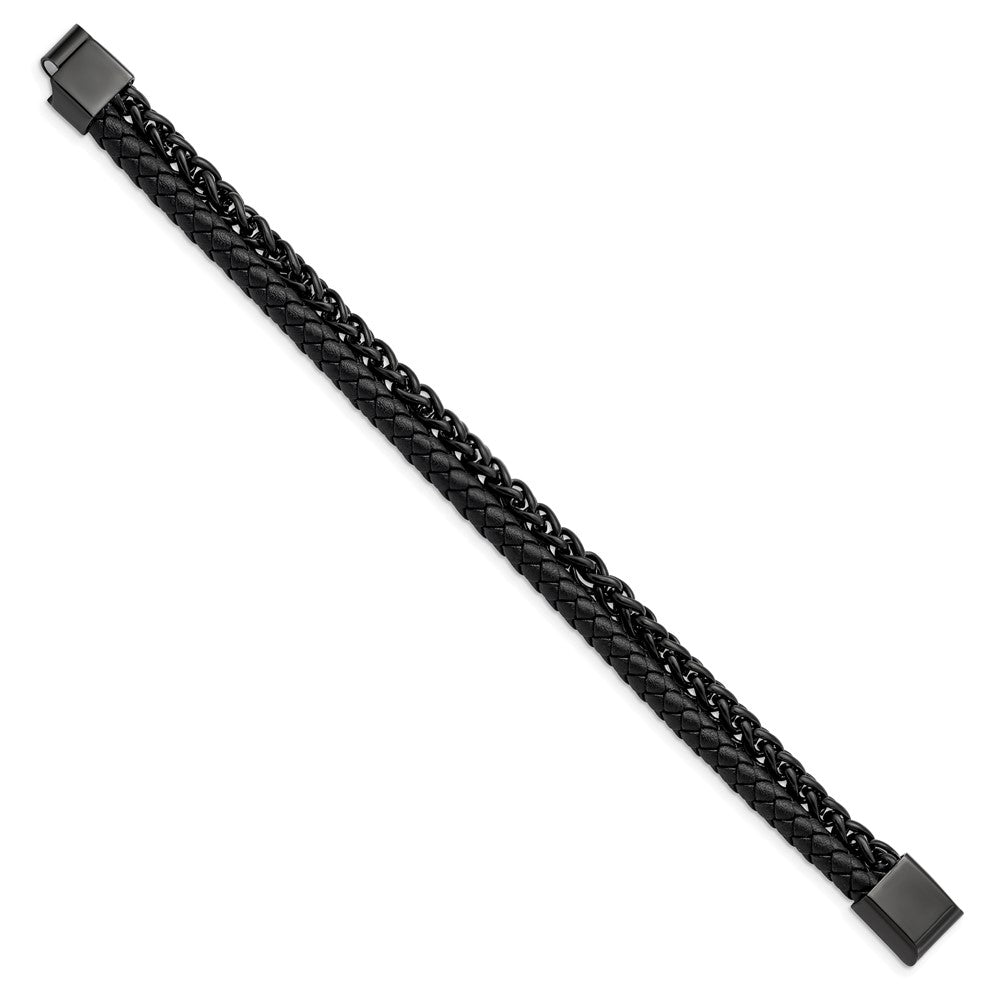 Chisel Stainless Steel Polished Black IP-plated Chain and Black Leather 8.5 inch Bracelet SRB2992-8.5