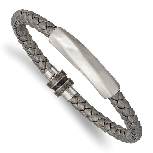 Chisel Stainless Steel Antiqued and Brushed Grey Leather 8.25 inch Bracelet SRB3006-8.25