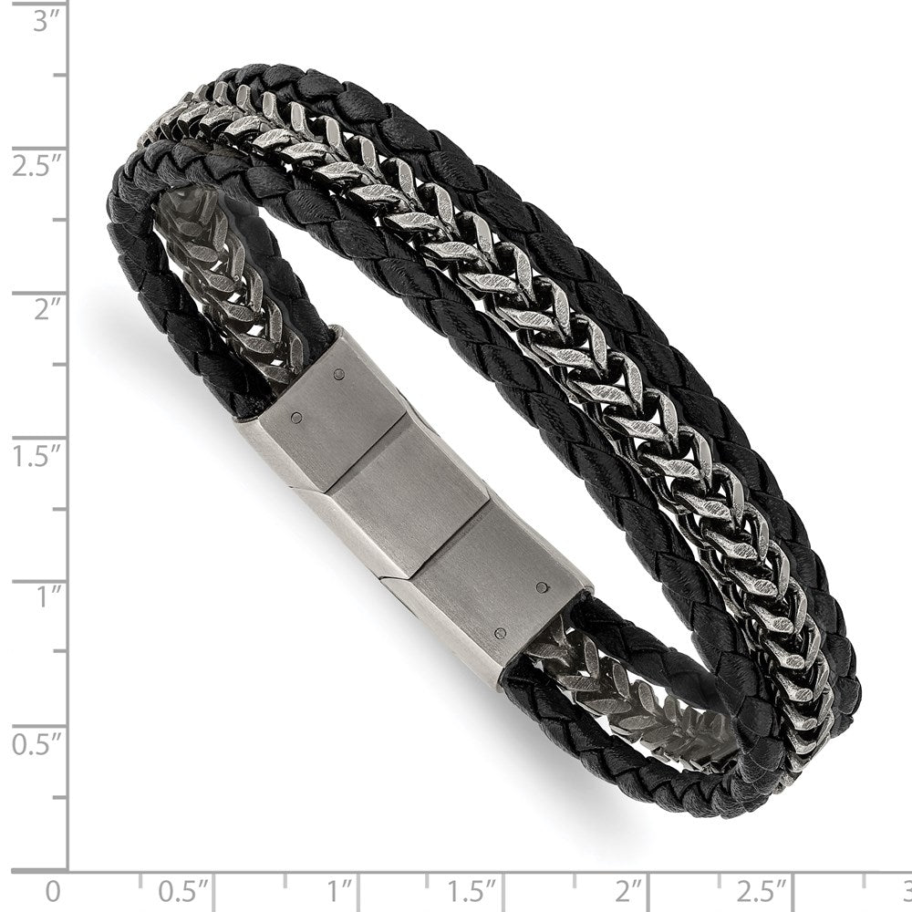 Chisel Stainless Steel Antiqued and Brushed Multi Strand Chain and Black Leather 8.25 inch Bracelet with .5 inch Extension SRB3014-8.25