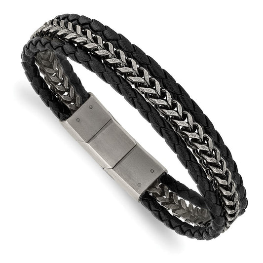 Chisel Stainless Steel Antiqued and Brushed Multi Strand Chain and Black Leather 8.25 inch Bracelet with .5 inch Extension SRB3014-8.25