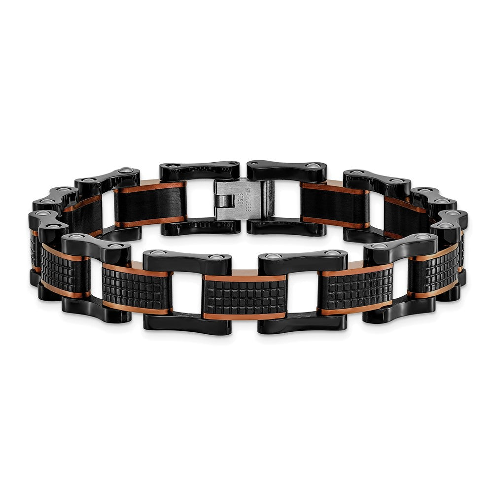 Chisel Stainless Steel Polished and Textured Black and Brown IP-plated 8.25 inch Open Link Bracelet SRB3016-8.25