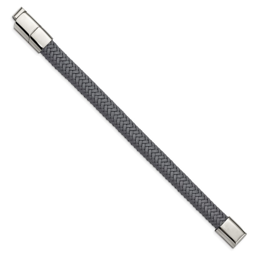 Chisel Stainless Steel Polished Grey Braided Leather 8 inch Bracelet with .5 inch Extension SRB3025-8
