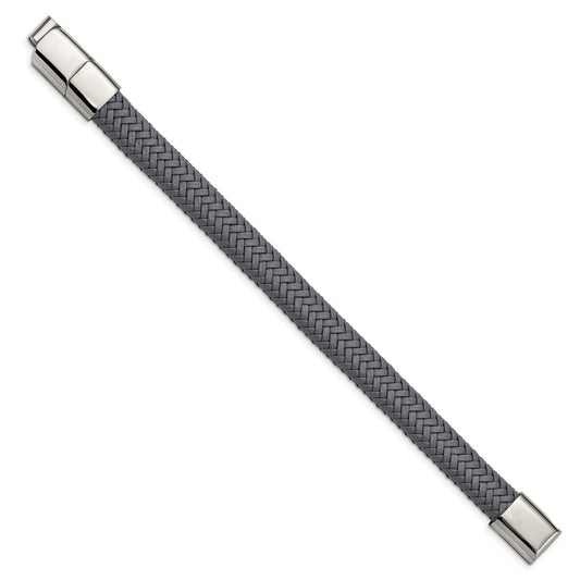 Chisel Stainless Steel Polished Grey Braided Leather 8 inch Bracelet with .5 inch Extension SRB3025-8
