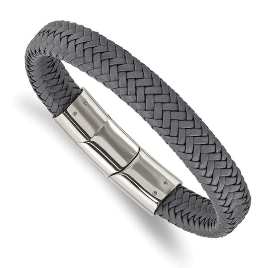 Chisel Stainless Steel Polished Grey Braided Leather 8 inch Bracelet with .5 inch Extension SRB3025-8