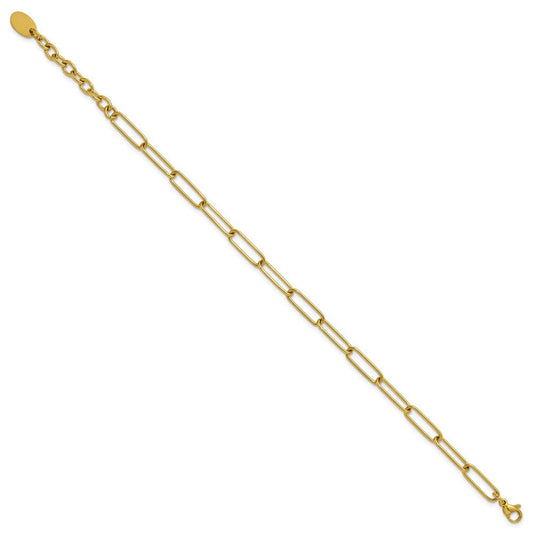 Chisel Stainless Steel Polished Yellow IP-plated Elongated Open Link Paperclip 7 inch Bracelet with 1.25 inch Extension SRB3054-7