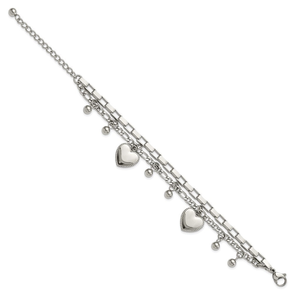 Chisel Stainless Steel Polished Hearts and Beads 7 inch Multi Chain Bracelet with 2 inch Extension SRB3059-7