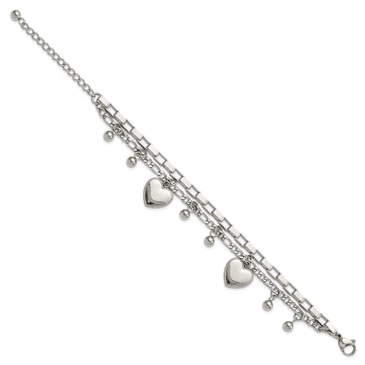 Chisel Stainless Steel Polished Hearts and Beads 7 inch Multi Chain Bracelet with 2 inch Extension SRB3059-7
