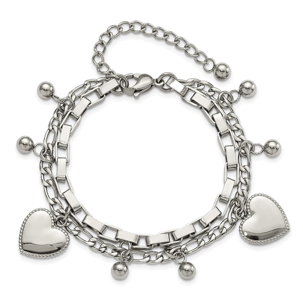 Chisel Stainless Steel Polished Hearts and Beads 7 inch Multi Chain Bracelet with 2 inch Extension SRB3059-7