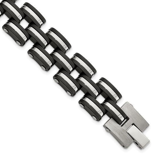 Chisel Stainless Steel Brushed and Polished with Black Rubber 8 inch Link Bracelet SRB3061-8