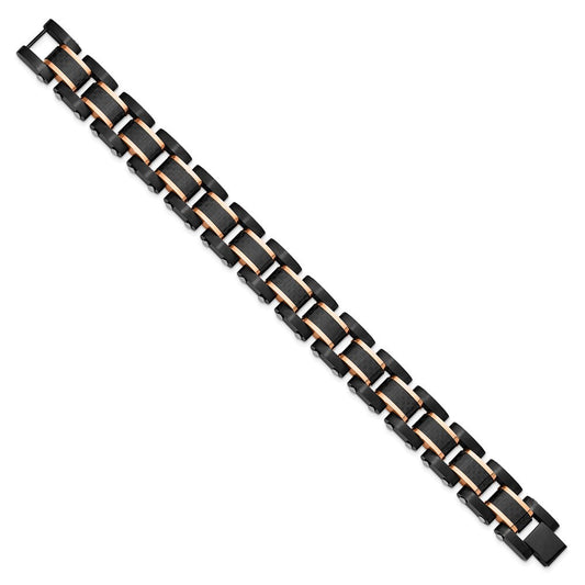 Chisel Stainless Steel Brushed and Polished Black and Rose IP-plated with Black Carbon Fiber Inlay 8.5 inch Link Bracelet SRB3063-8.5