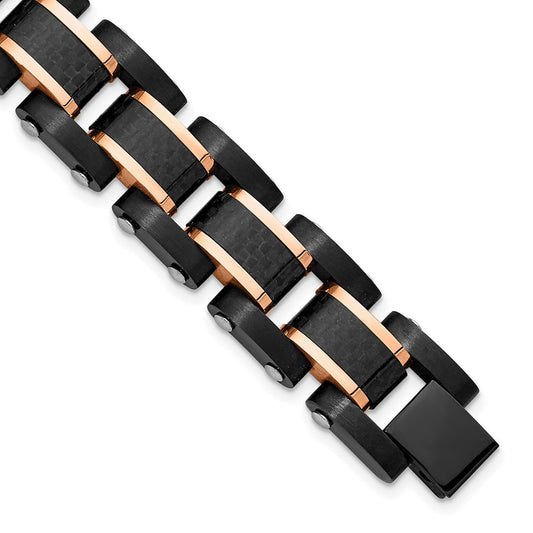 Chisel Stainless Steel Brushed and Polished Black and Rose IP-plated with Black Carbon Fiber Inlay 8.5 inch Link Bracelet SRB3063-8.5