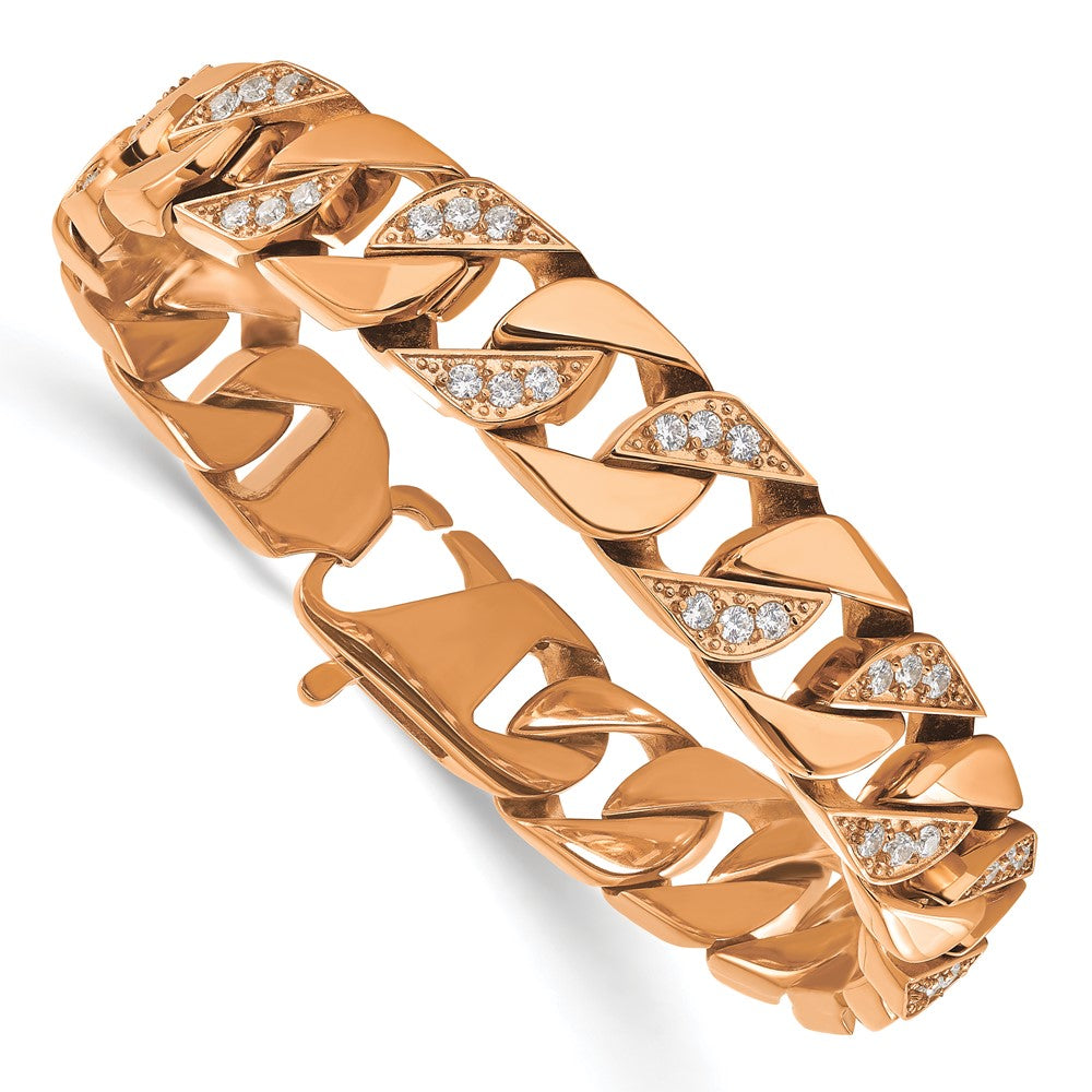 Chisel Stainless Steel Polished Rose IP-plated with CZ 7.75 inch Curb Link Bracelet SRB3071-7.75