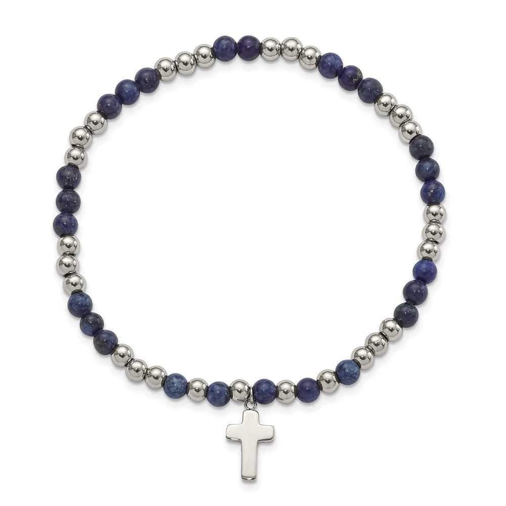 Chisel Stainless Steel Polished 4mm Lapis Beaded with Cross Dangle Beaded Stretch Bracelet SRB3081